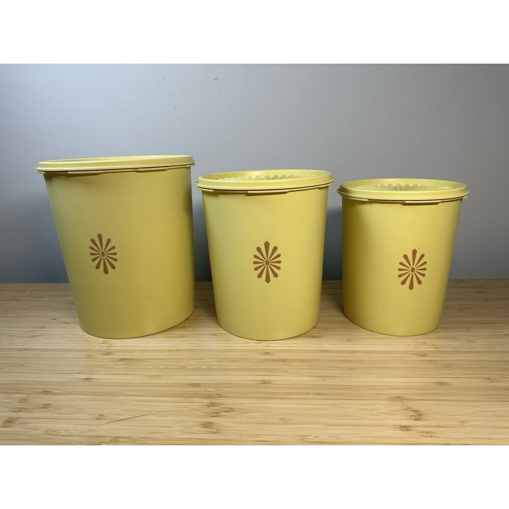 Vtg TUPPERWARE Harvest Gold Sunburst Servalier Canister Nesting 3 MCM Retro 70s